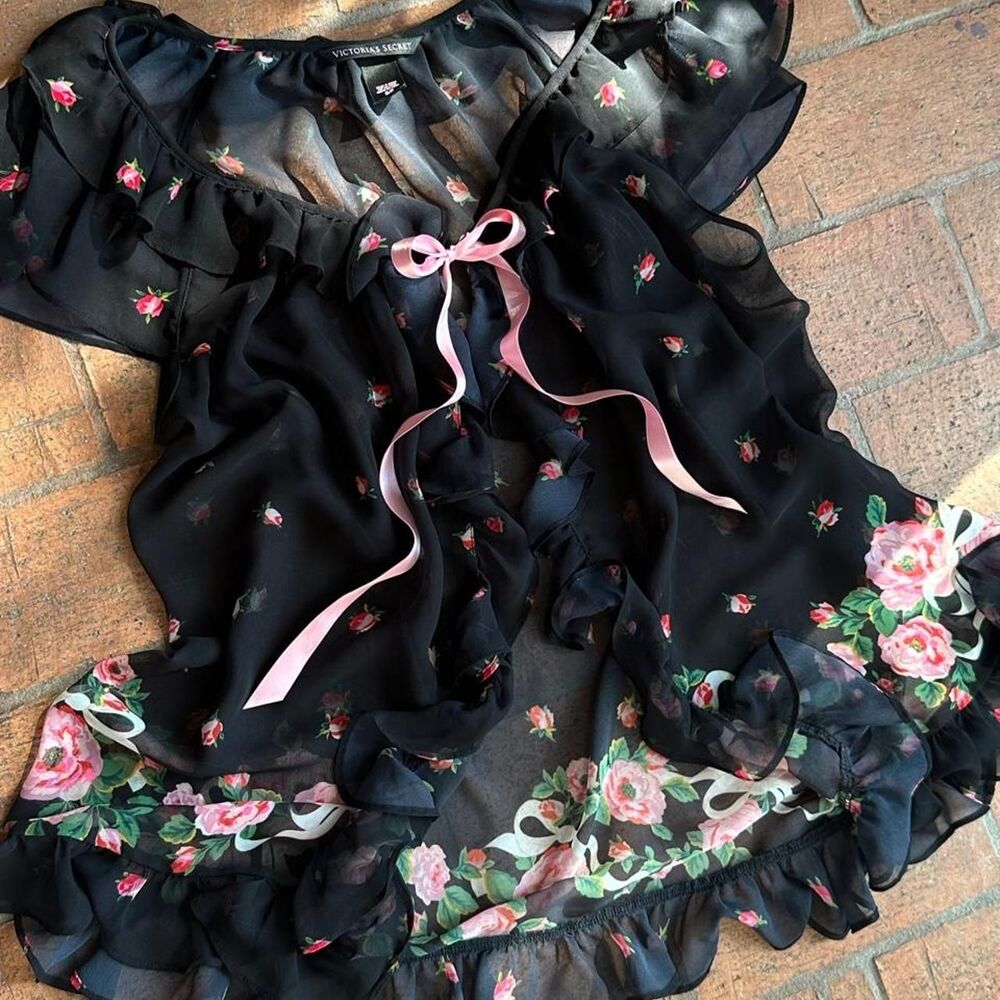 VTG Victoria’s Secret Sheer Black Floral Babydoll Cami Top Ruffle Bow Small Y2K